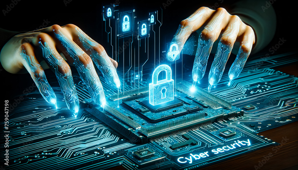 Poster human hands using digital padlock on digital microcircuits background to secure data. cyber security
