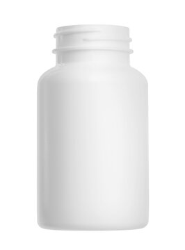 Blank plastic pill bottle isolated on white