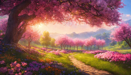 Beautiful evening colorful spring landscape with pink trees and blooming highlans valley