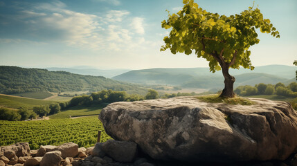 Stone podium vith grape tree on the background of France. Vineyard Landscape. Product placement....