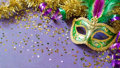 mardi gras holiday festival purple background and mask and confetti tinsel mardi gras new orleans
