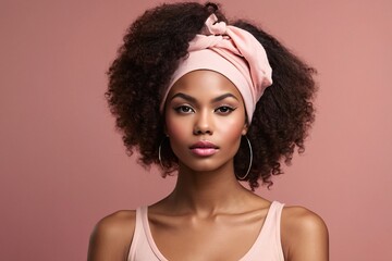 Beautiful young afro american woman with pink headband and clean fresh skin, on pink background.