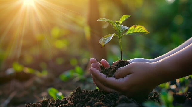 Closeup of hands holding a young plant on a blurred nature background, New Life Unfolding