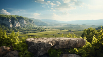 Stone podium on the background of France. Vineyard Landscape. Product placement. Generative AI	