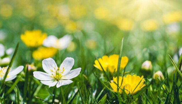 spring background with green grass and white et yellow flowers copy space