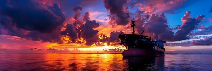 A cargo ship docked at sunset, its silhouette against the colorful sky symbolizing the end of a long journey.