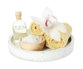 Fototapeta na wymiar Spa composition. Towels, essential oil, sea salt and beautiful flower on white background
