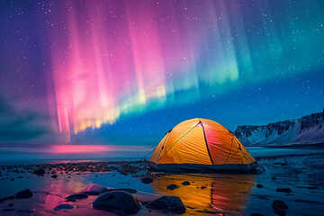 A glowing yellow camping tent under a beautiful northern lights aurora. travel adventure concept. - obrazy, fototapety, plakaty