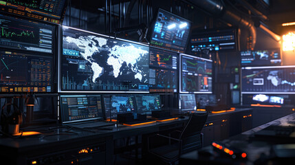 A computer room with many monitors and a large screen. The monitors are all lit up and show various data and information. The room has a futuristic and high-tech vibe, with the screens