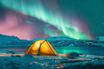  A glowing yellow camping tent under a beautiful northern lights aurora. travel adventure concept. © pcperle