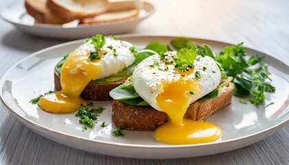 front view fresh eggs benedict with white background and warm light for product presentation created using