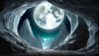 beneath a double moon s silver glow crystalline caves conceal portals to realms where gravity bends and dreams take shape in the form of sentient shadows - obrazy, fototapety, plakaty