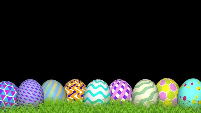 Animated line of decorated different easter eggs on grass land with black background. Easter holiday decoration clip.