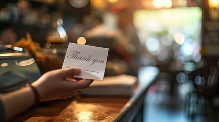 A person is holding a card that says "Thank You" on it. The card is placed on a table in a restaurant
