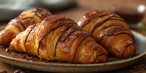 Fresh baked chocolate croissants. Delicious french breakfast. Pastry food. 