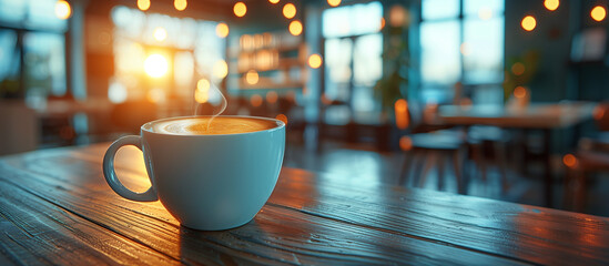 Fresh hot cup of coffee cappuccino on the wooden table inside coffee house. 
 - obrazy, fototapety, plakaty