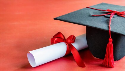 academic hat with diploma on red background