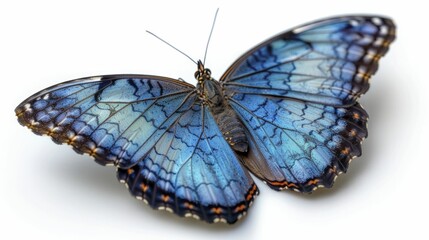 A single, vibrant blue butterfly on an isolated white background.