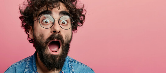 A man with a beard and glasses is looking surprised. He is wearing a blue shirt and jeans. close-up of a young man with a beard, looking surprised with his mouth wide open against a pink background - obrazy, fototapety, plakaty