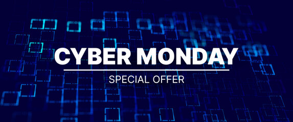 Obraz premium Cyber Monday Banner. Technology Business Sale Background. Special Offer Promo Backdrop. Vector Illustration.