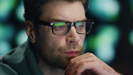 Man programer looking computer making system data research at workplace closeup