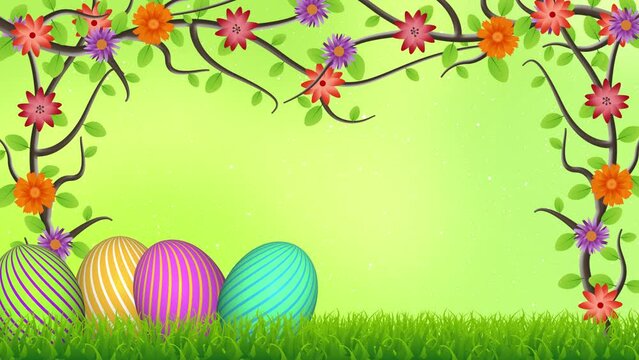 Beautiful animation of Easter holiday with flowers branches and beautiful eggs. Concept for easter holiday celebration.