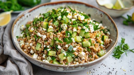 serving of a Mediterranean-inspired grain salad, with farro, chopped cucumbers, and feta, all brought together by a lemony miso dressing