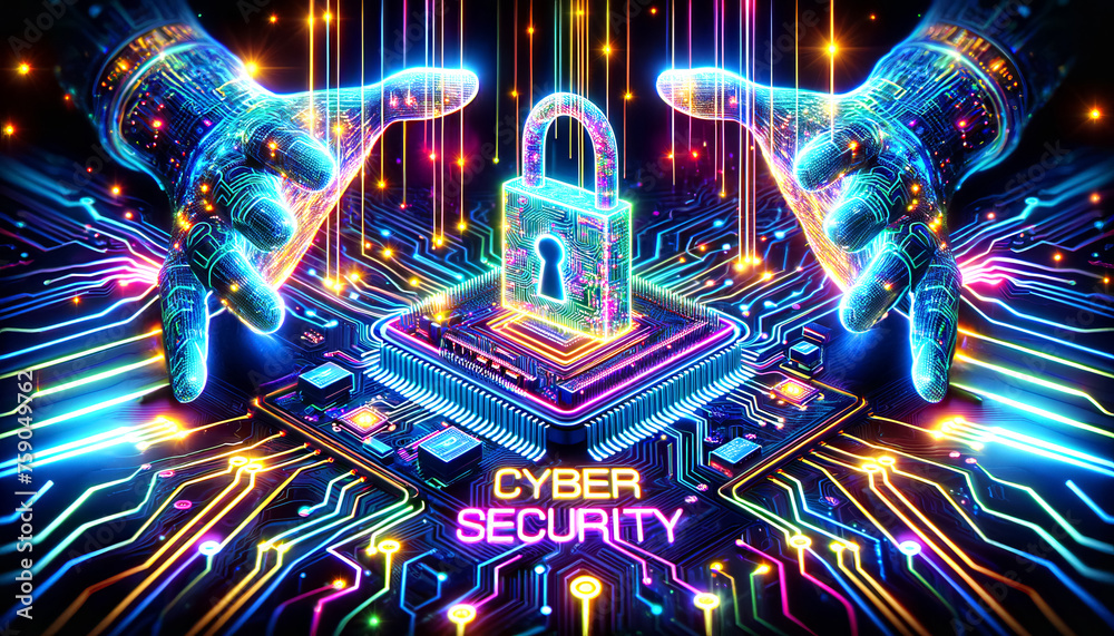 Poster human hands using digital padlock on digital microcircuits background to secure data. cyber security