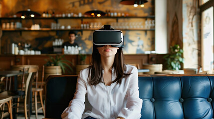 A young girl experiences virtual reality in quiet cozy cafe. Modern innovative technologies in everyday life, education, entertainment, psychological reboot