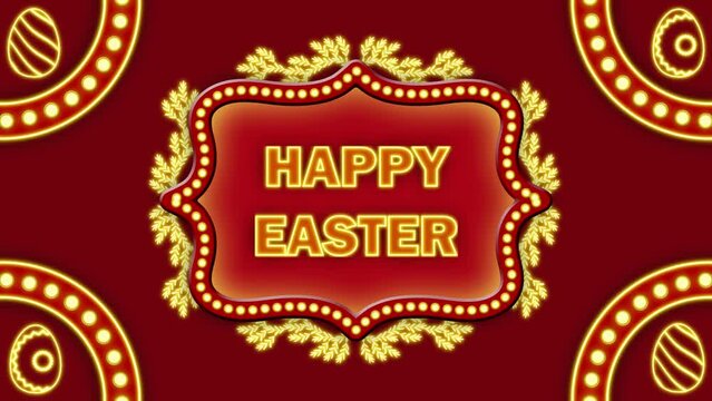 Happy easter blessings text in bright yellow blinking light and decorated with animated eggs. Easter blessings animation.