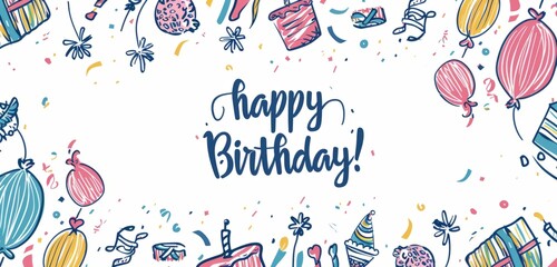 Happy birthday background with colorful line art and party elements illustration on a white background, in a flat design style with colorful, simple drawings Generative AI