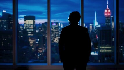 Successful business man in the office. Man ceo hedge fund top manager in front of window with evening city view standing looking outside.