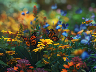 Striking image with monarch butterflies flying over a dense field of bright, multicolored flowers