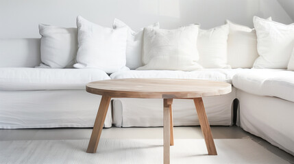 Crisp Comfort: Pristine White Sofa and Wooden Coffee Table