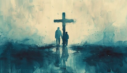 a painting of two people walking with a cross