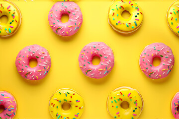 Obraz premium Summer pattern made with pink and yellow doughnuts on yellow background. Minimal summer concept