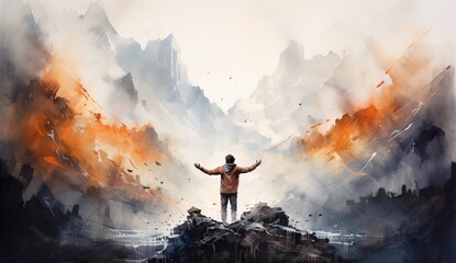 a person standing on a mountain with arms outstretched
