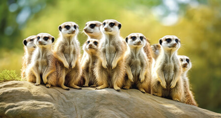 A family of meerkats, standing upright on a rock and scanning the vast desert landscape for signs of danger
