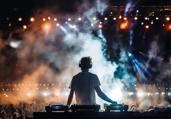 DJ during a big concert. Experienced DJ with large console on a stage in front of the crowd. Lights, emotions, energy and music. Protagonist, from behind, unrecognizable, silhouette, colored lights