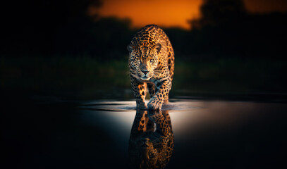 Close-up of a jaguar stalking prey in water at sunrise