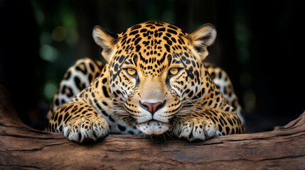 Portrait of a jaguar lying on a tree in the Amazon jungle - Powered by Adobe