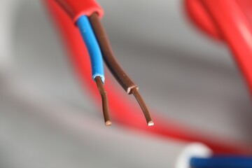 Colorful electrical wire on blurred background, closeup