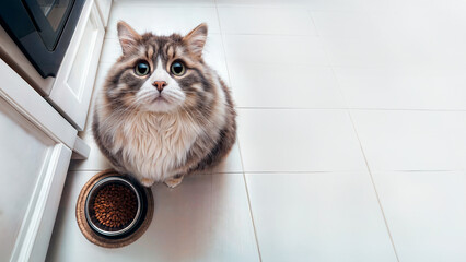 A cat is sitting on a tile floor next to a bowl of food.