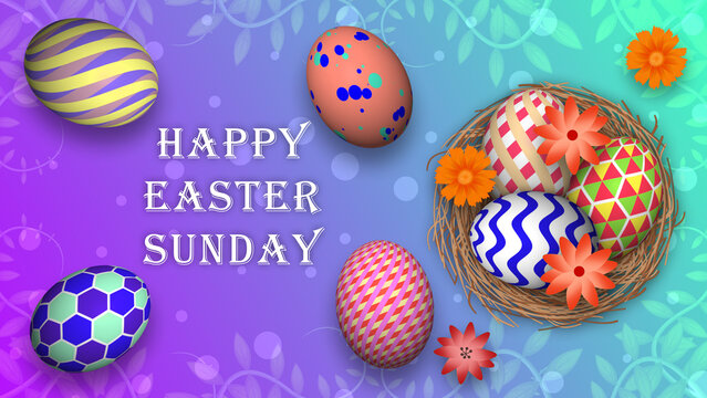 happy easter Sunday blessings image for easter holiday. decorated easter blessings with colourful flowers and eggs.
