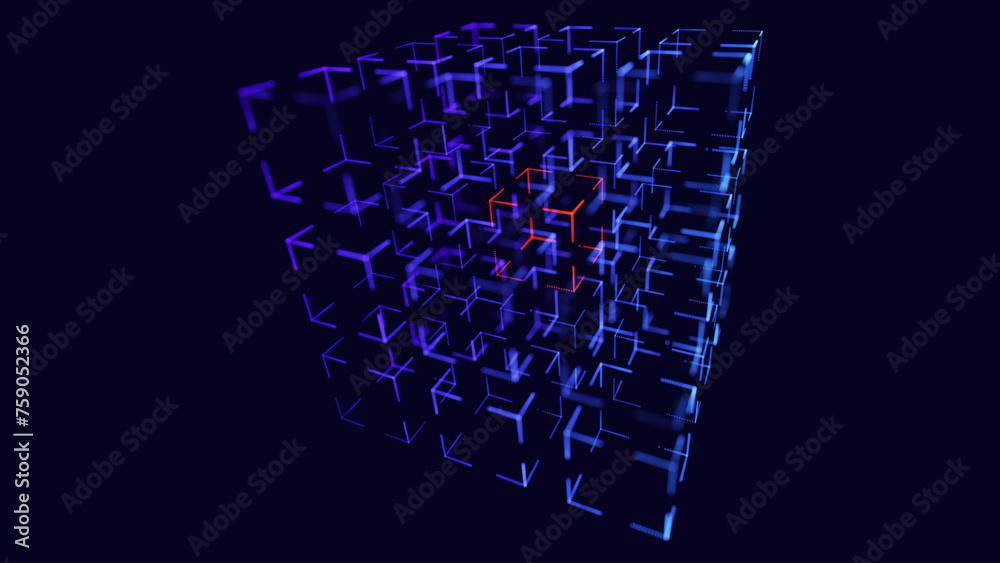 Aufkleber Big Data 3D Cube. Quantum Computer CPU Core Virus Concept Background. Red Cube Inside Blue Block. 3D Blockchain Cube Blocks Concept. Data Sorting. Artificial Intelligence HUD Design Element.