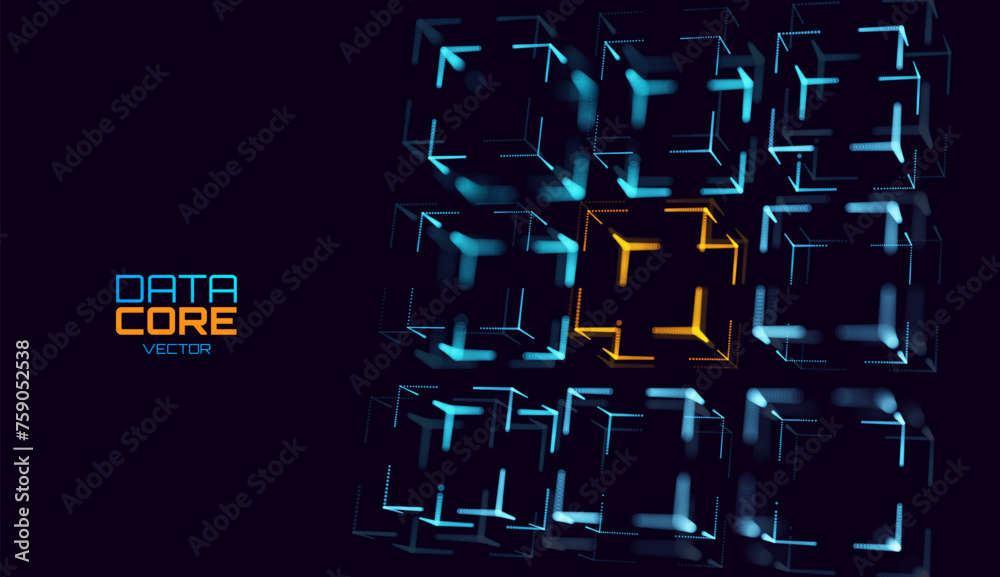 Fototapete Big Data 3D Cube. Quantum Computer CPU Core Virus Concept Background. Red Cube Inside Blue Block. 3D Blockchain Cube Blocks Concept. Data Sorting. Artificial Intelligence HUD Design Element.