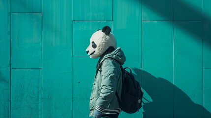 Exploring a Teal Wonderland with a Person in a Panda Mask