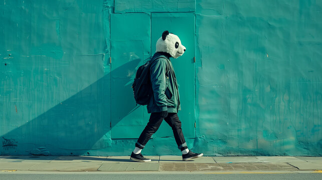 A Panda Masked Figure Against a Teal Backdrop