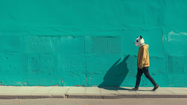 A Person in a Panda Mask Strolling Along a Vibrant Teal Wall