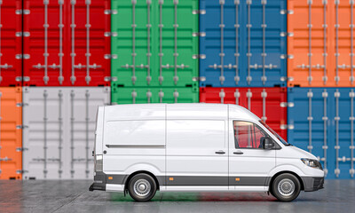 White delivery van in front of shipping containers - 759052758